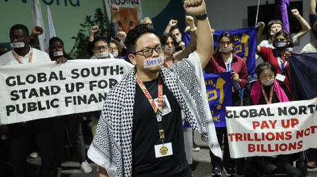 Climate activists protesting COP29 deal on climate spending at the UNFCCC Climate Conference in Baku, Azerbaijan, November 22, 2024.