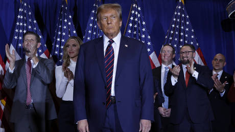 File photo: US President-elect Donald Trump takes the stage with supporters, campaign staff and family members for a primary night party.