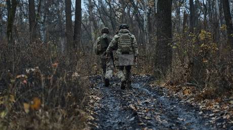 FILE PHOTO: Ukrainian troops walking in a wooded area.