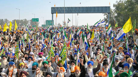 Farmers at a protest in Shambhu, Punjab, India, February 16, 2024.