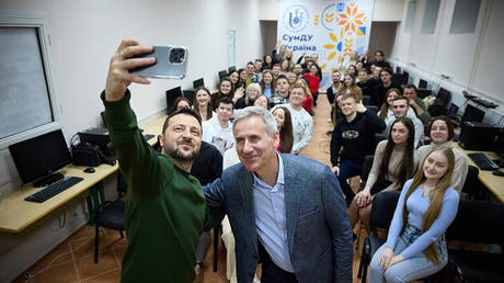 Ukrainian President Vladimir Zelensky visits Sumy State University, March 28, 2024.