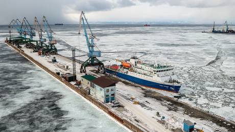 The Pavel Leonov cargo and passenger vessel, plying between the Far Eastern Island of Sakhalin and the Kuril Islands, is seen at the pier in the port of Korsakov, Sakhalin, Russia.