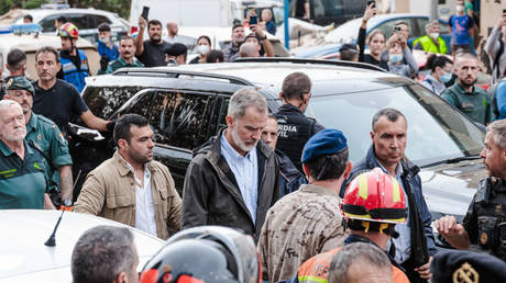 King Felipe VI during his visit to an area affected by the DANA, on November 3, 2024, in Paiporta, Valencia