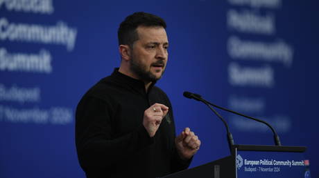 Ukrainian leader Vladimir Zelensky at a press conference after the 5th European Political Community Summit in Budapest, Hungary, November 7, 2024