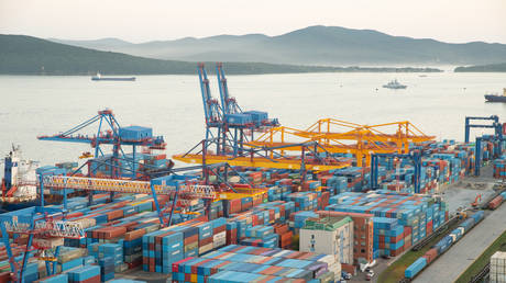 Shipping containers are seen in the Vladivostok Sea Commercial Port, the largest universal port in the entire Far Eastern region with an annual cargo turnover of more than 12.9 million tons in Vladivostok, Russia on August 08, 2024.