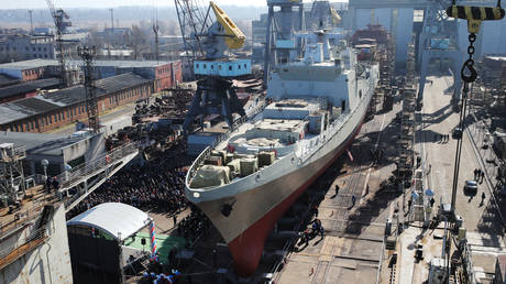 FILE PHOTO: A float-out ceremony for the Russian frigate ‘Admiral Grigorovich’ in 2014.