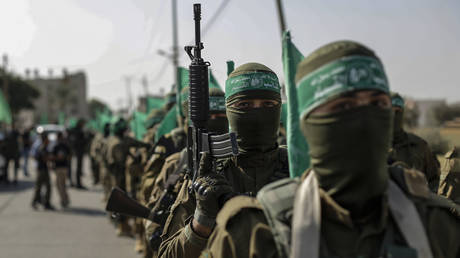 File photo: Hamas members during a military demonstration against Israel in southern Gaza.