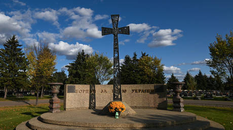 View of the Ukrainian memorial to Nazi military unit, the 1st Galician Division, at St. Michael's Cemetery in Edmonton, Alberta, Canada.