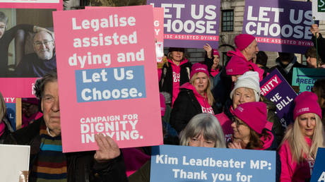 People gather in Parliament Square in support of the Terminally Ill Adults Bill, London, UK, November 29, 2024.