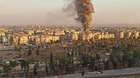 Smoke rises from the area following an unidentified airstrike on Aleppo, Syria on November 30, 2024.