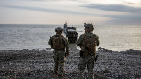 FILE PHOTO. US marines take part in an amphibious landing exercise.