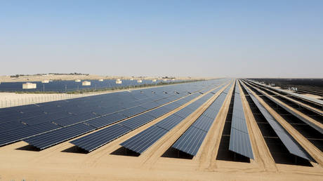 FILE PHOTO: A field of solar photo-voltaic panels that form part of the Mohammed bin Rashid Solar Park, Dubai, UAE.