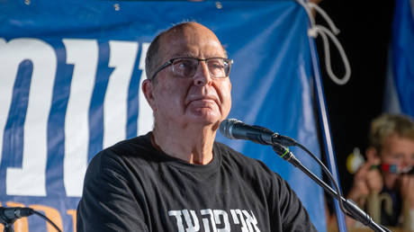 Moshe Yaalon speaks at an anti-government protest in Jerusalem, Israel, July 15, 2023