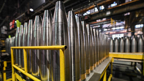 Unfinished 155mm artillery shells during the production process at the Scranton Army Ammunition Plant on April 12, 2023, Pennsylvania, US.