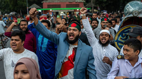 Activists of the Jatiya Nagarik Committee (National Citizens Committee) stage a protest rally against the attack on the Bangladesh Assistant High Commission in Agartala and the Indian provocative campaign against Bangladesh in the Dhaka University area in Dhaka, Bangladesh, on December 3, 2024.