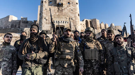 Members of the Syrian armed opposition forces stand in front of the Ancient Castle of Aleppo.