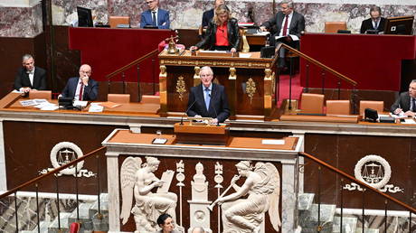 French Prime Minister Michel Barnier delivers a speech during the debate prior to the no-confidence votes