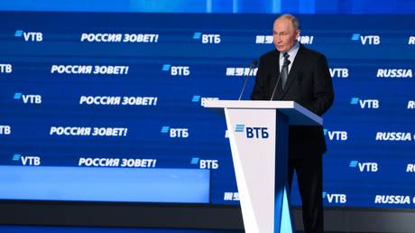 Russian President Vladimir Putin speaks at the plenary session of the VTB Investment Forum " Russia is Calling!".