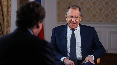 Russian Foreign Minister Sergey Lavrov in interview with US journalist Tucker Carlson ©  Russian Foreign Ministry