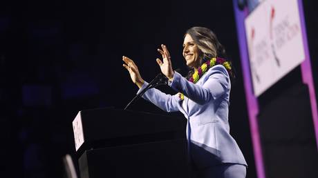 FILE PHOTO: Tulsi Gabbard speaks at a rally.