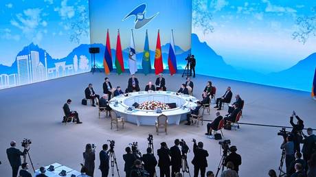 FILE PHOTO. The Prime Ministers of Kazakh, Russia, Belarus, Kyrgyzstan, and Armenia meet in Kazakhstan on February 2, 2023, at a narrow-format meeting of the Eurasian Intergovernmental Council.