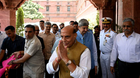 BJP leader Rajnath Singh arrives at his office in South Block to take charge as Defence Minister on June 13, 2024 in New Delhi, India.