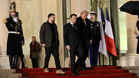 Vladimir Zelensky, Emmanuel Macron and Donald Trump leave Elysee Presidential Palace after their meeting in Paris, France on December 7, 2024.