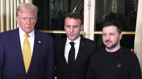 French President Emmanuel Macron, US President-elect Donald Trump and Ukrainian leader Vladimir Zelensky during their meeting in Paris.