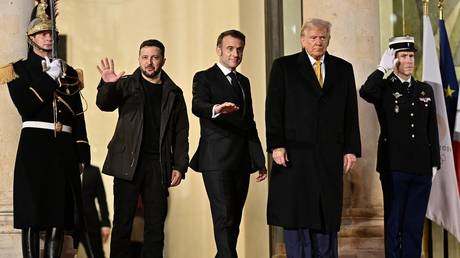 French President Emmanuel Macron, US President-elect Donald Trump and Ukrainian leader Vladimir Zelensky after their meeting at the Elysee Palace in Paris, France on December 07, 2024.