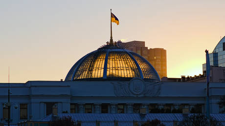 FILE PHOTO: Ukrainian flag waving over Parliament in Kyiv, Ukraine.