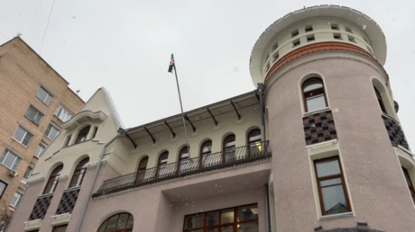 Syrian opposition flag hoisted at the Syrian embassy in Moscow, Russia