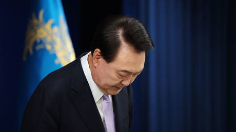 South Korean President Yoon Suk Yeol bows during a press conference on November 07, 2024 in Seoul, South Korea.