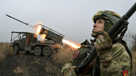 Russian forces fire on Ukrainian positions in the Krasnogorovka area. ©  Sputnik/Stanislav Krasilnikov