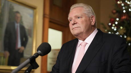 Ontario Premier Doug Ford speaks to the media outside of his office in the Queens Park Legislature, in Toronto, on Wednesday December 11, 2024.