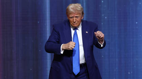 US President-elect Donald Trump dances after speaking during the FOX Nation's Patriot Awards on December 05, 2024.