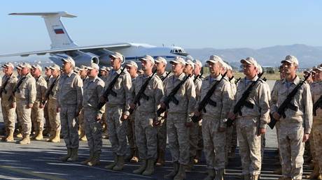 FILE PHOTO: Russian army servicemen during the ceremony of meeting President Vladimir Putin at the Khmeimim Air Base in Syria.