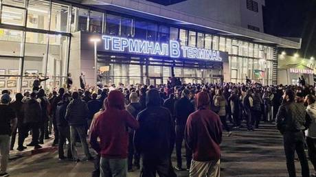 FILE PHOTO: Rioters at the Makhachkala International Airport in Dagestan, Russia on October 29, 2023.