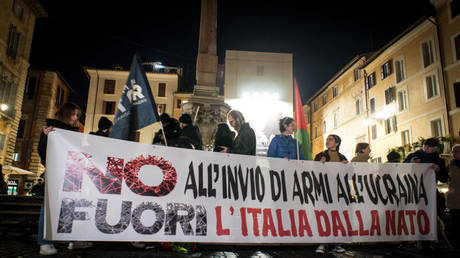 Protesters demonstrate against arming Ukraine in Rome, Italy, December 19, 2023