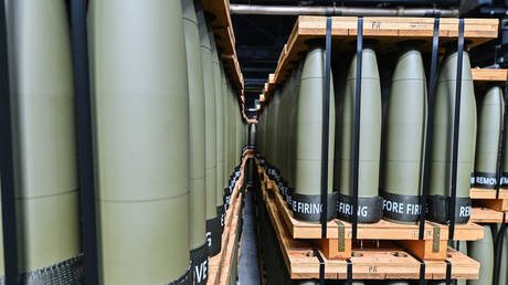 FILE PHOTO. Pallets holding 40 155-mm NATO shells each are prepared for shipping at the Scranton Army Ammunition Plant.