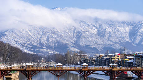 Zero bridge with Himalaya mountain covered with snow in the background.