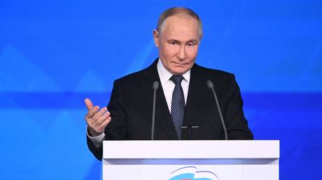 Russian President Vladimir Putin speaks during a plenary session of the 22nd congress of the United Russia party at the Russia National Centre in Moscow, Russia.