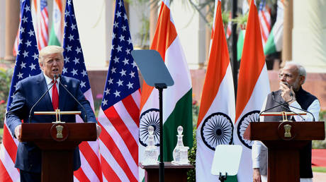 US President Donald Trump (L) and Indian Prime Minister Narendra Modi (R) hold a joint press conference at Hyderabad House in Delhi, India on February 25, 2020.