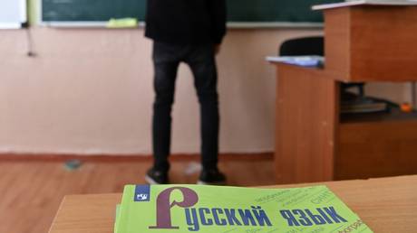 A student at the blackboard during a Russian language lesson at a school in Melitopol