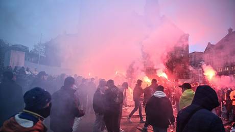 Israeli fans in Dam Square ahead of the UEFA Europa League match between Maccabi Tel Aviv and Ajax in Amsterdam, Netherlands, November 7, 2024.