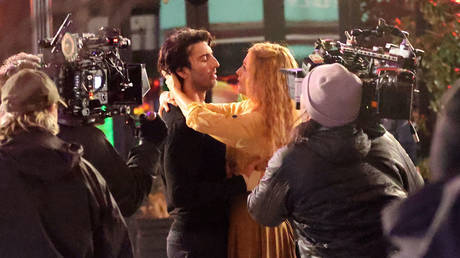 Justin Baldoni and Blake Lively on the set of 'It Ends with Us' in Jersey City, New Jersey, January 12, 2024.