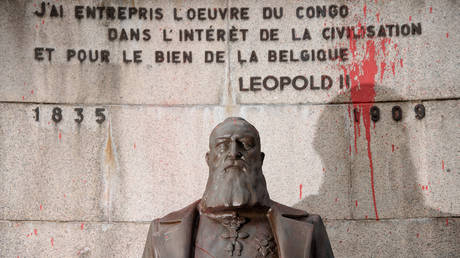 FILE PHOTO. A statue of Leopold II seen on a crossroad on July 15, 2020 in Arlon, Belgium.