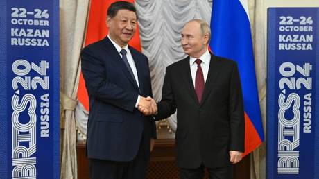 Russian President Vladimir Putin and his Chinese counterpart Xi Jinping during their meeting at the XVI BRICS summit in Kazan.