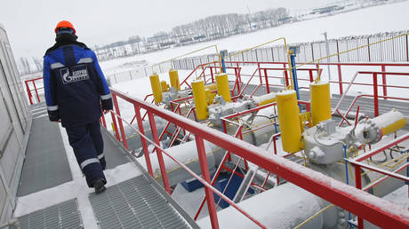 FILE PHOTO: A worker at the the Sudzha gas-measuring station in Kursk Region, Russia, January 20, 2009.