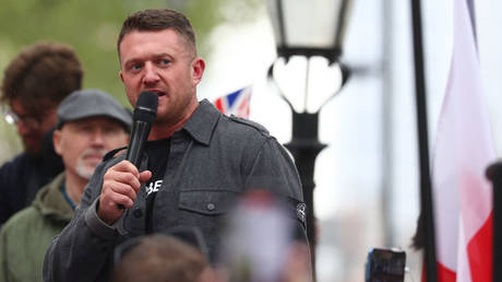 Tommy Robinson speaks at a demonstration in London, England, April 23, 2024