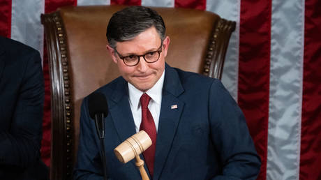 Mike Johnson receives the gavel after winning the speakership for the 119th Congress in the House chamber of the US Capitol on Friday, January 3, 2025